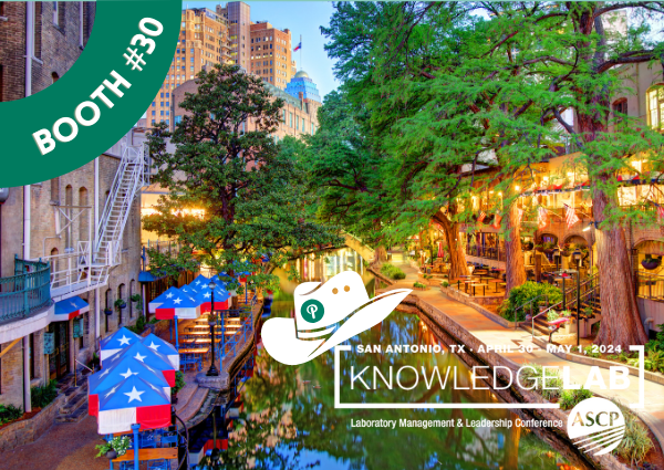 A vibrant photo of the San Antonio River Walk with trees, buildings, and restaurants along the water. A large green banner in the top left corner reads "BOOTH #30."